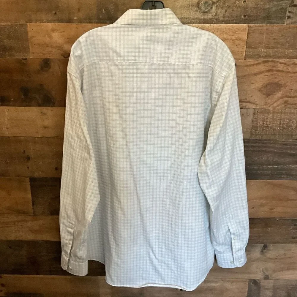 Egara Shirt Mens Button Down Cotton White Blue Square Print Non Iron Men Size XL